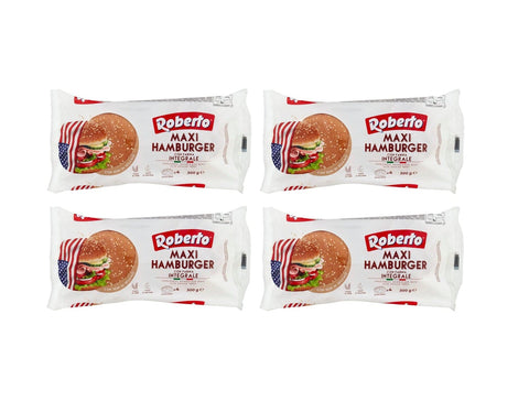 Italian Gourmet Brot & Backwaren 4x MHD 29/10/2025 Roberto Maxi Hamburger Integrale Brot mit Vollkornmehl und Sesamkörnern,Packung mit 300g, Jede Packung enthält 4 Hamburger Buns 8003490046543