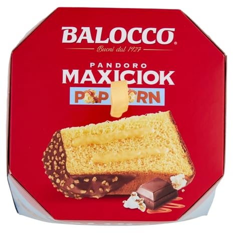 Italian Gourmet Brot & Backwaren Balocco Pandoro Maxiciok Pop Corn 800 g – Italienischer Weihnachtskuchen mit Schokolade, Popcorn & Kakaocreme – Traditionelles Festgebäck aus Italien