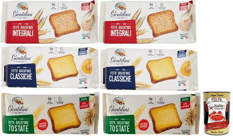 Italian Gourmet Chips Gentilini Fette Testpaket, Zwieback Brot Backwaren reich an Ballaststoffen 100% Italienisches Produkt 6x 175g + Italian Gourmet polpa 400g 8032804040014