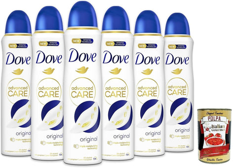 Italian Gourmet Deo Dove Deodorante Spray Advanced Care Original, deo Mit feuchtigkeitsspendenden und empfindlichen Formel,ohne Alkohol, 72 Stunden, 6x 150 ml + Italian Gourmet polpa 400g 8032804040014
