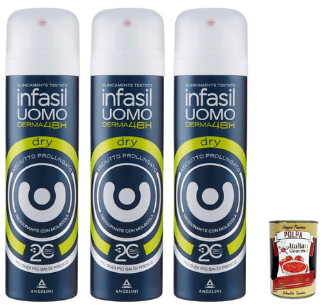 Italian Gourmet Deo Infasil Deo-Spray für Herren Derma48H Dry, hervorragender Schutz gegen überschüssiges Schweiß, Deo 3x150 ml + Italian Gourmet polpa 400g 8032804040014