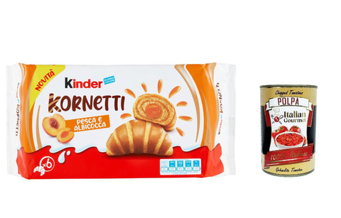 Italian Gourmet E.R. Abgepackte Gebäckstücke 3x Ferrero Kinder Kornetti Pesca e Albicocca Cornetti Mit Pfirsich und Aprikose Gefüllte Croissants Packung mit 252g, jede Packung enthält 6 Croissants + Italian Gourmet polpa 400g 8000500407394