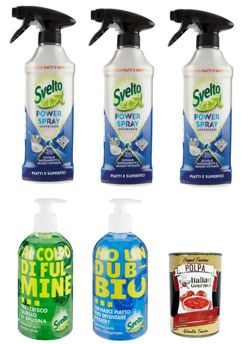 Italian Gourmet E.R. Allzweckreiniger Svelto testpaket Geschirr und Kochfeldern 3x Svelto Power Spray Universal 435ml 1x Svelto MINT&BERGAMOT, Spülmittel 1x Svelto Green Lemon, Geschirrspülmittel+ Italian Gourmet Polpa 400g 8720181219276