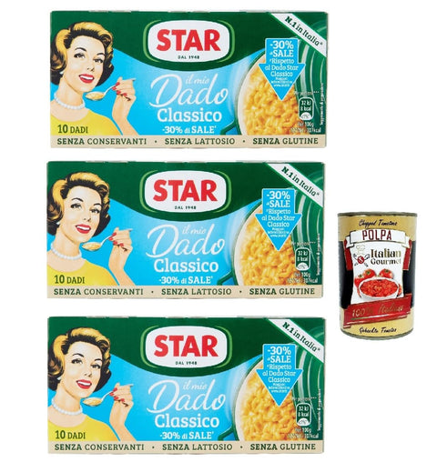 Italian Gourmet E.R. Brühe Star il mio Dado Classico -30% di Sale 10 Dadi, Suppenwürfel Brühe klassisch reich an Geschmack mit -30% salz, 3x 100 g + Italian Gourmet polpa 400g 8032804040014