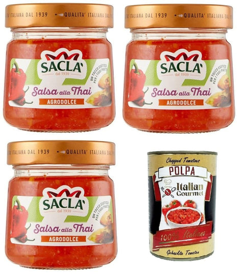 Italian Gourmet E.R. Chilisaucen Saclà, Thai-Sauce, Würze auf Basis von Paprika, Knoblauch und Chili, scharf und süß-sauer, ideal zu Fleisch, Fisch und frittierten Gerichten, Glas, 3x210g,+ Italian Gourmet polpa 400g 8032804040014
