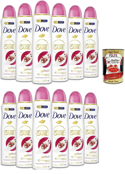 Italian Gourmet E.R. Deo Dove Deodorante Spray Advanced Care Go Fresh Pomegranate, deo Mit feuchtigkeitsspendenden und empfindlichen Formel,ohne Alkohol, 72 Stunden, 12x 150 ml + Italian Gourmet polpa 400g 8032804040014