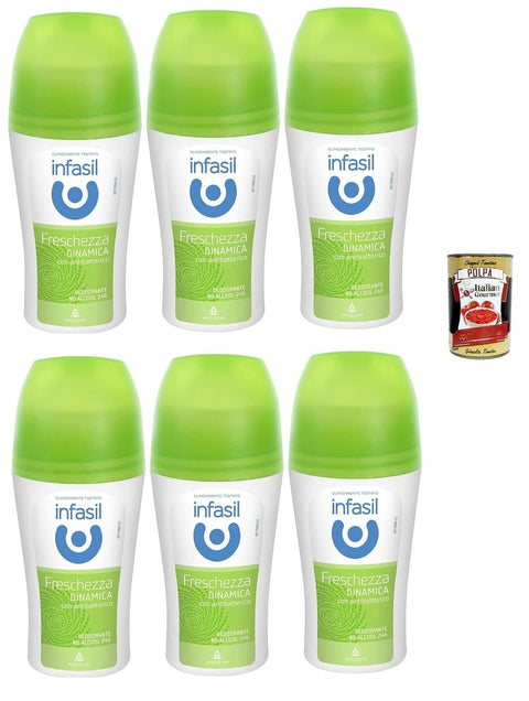 Italian Gourmet E.R. Deo Infasil Deodorant Roll-On Dynamische Frische, ohne Alkohol, wirksam bis zu 24 Stunden, Deo Roll-On 6x 50 ml + Italian Gourmet polpa 400g 8032804040014