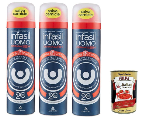 Italian Gourmet E.R. Deo Infasil Deodorant Spray für Herren Derma 48h Hemdschutz mit Molekül 2C, für Männerkleidung, Deo 3x 150 ml + Italian Gourmet polpa 400g 8032804040014