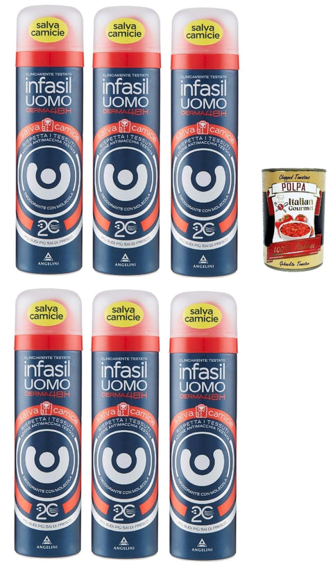 Italian Gourmet E.R. Deo Infasil Deodorant Spray für Herren Derma 48h Hemdschutz mit Molekül 2C, für Männerkleidung, Deo 6x 150 ml + Italian Gourmet polpa 400g 8032804040014