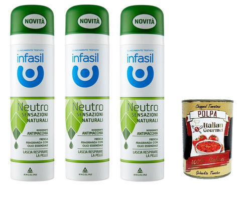 Italian Gourmet E.R. Deo Infasil Deospray Neutro Sensazioni Naturali Olio Essenziale Neutral Deospray Natural Sensations Ätherisches Öl 3x150ml + Italian Gourmet polpa 400g 8032804040014