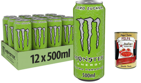Italian Gourmet E.R. Energy Drinks 48x Monster Energy Ultra Paradise - koffeinhaltiger Energy Drink mit Kombination aus Apfel, Kiwi und Gurke - ohne Zucker und ohne Kalorien 500ml + Italian Gourmet polpa 400g 5060639127825