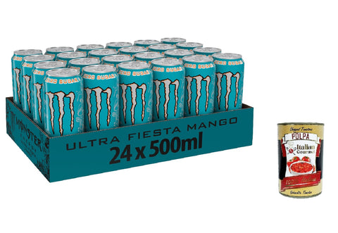 Italian Gourmet E.R. Energy Drinks Monster Energy Ultra Fiesta - koffeinhaltiger Energy Drink mit leichtem Mango-Geschmack - ohne Zucker und ohne Kalorien - in praktischen Einweg Dosen (24 x 500 ml) + Italian Gourmet polpa 400g 8032804040014