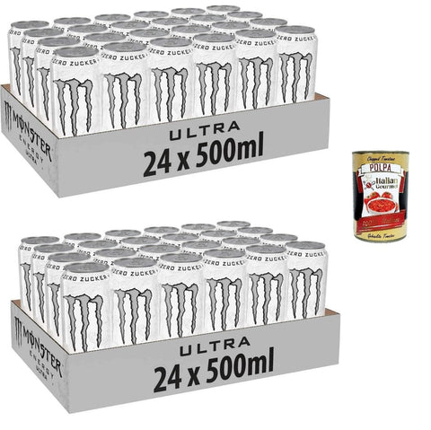 Italian Gourmet E.R. Energy Drinks Monster Energy Ultra White - koffeinhaltiger Energy Drink mit sanftem Zitrus-Geschmack - ohne Zucker und ohne Kalorien - in praktischen Einweg Dosen (48 x 500 ml) + Italian Gourmet polpa 400g 8032804040014
