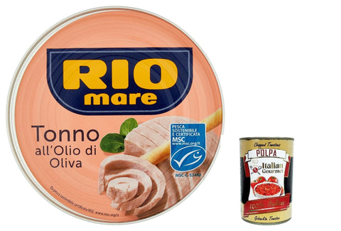 Italian Gourmet E.R. Fleisch, Geflügel & Wild 24x Rio Mare Tonno all'Olio di Oliva Thunfisch in Olivenöl, Gelbflossen thun 240g + Italian Gourmet polpa 400g 8032804040014