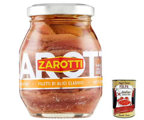 Italian Gourmet E.R. Fleisch, Geflügel & Wild 3x Zarotti Filetti di Alici, Classic Sardellenfilets in Sonnenblumenöl 140g + Italian Gourmet polpa 400g 8032804040014