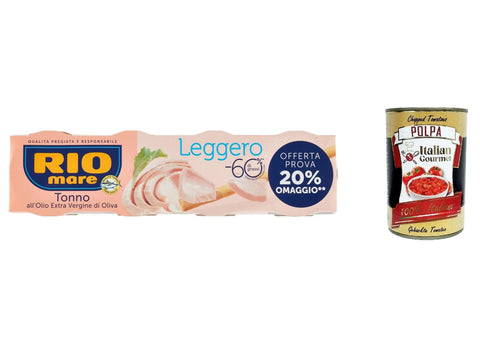 Italian Gourmet E.R. Fleisch, Geflügel & Wild 6x Rio mare Tonno all'Olio Extra Vergine di Oliva Leggero, leichten Thunfisch mit extra nativenOlivenöl 4 x 60 g + Italian Gourmet poolpa 400g 8032804040014