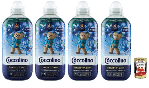 Italian Gourmet E.R. Flüssiger Weichspüler 4x Coccolino Campanula Selvatica e Bergamotto Intense Care Konzentrierter Weichspüler, Wilde Glockenblume und Bergamotte, 42 Wäschen, 980ml + Italian Gourmet Polpa di Pomodoro 400g Dose 8032804040014