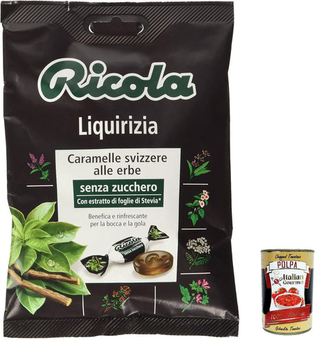 Italian Gourmet E.R. Frucht- & Kräuterbonbons 24x Ricola Liquirizia bonbon Lakritze mit Anis erfrischend ohne zucker, riginal Schweizer Kräuter-Bonbons mit 13 Schweizer Alpenkräuter 70g + Italian Gourmet polpa 400g 7610700623695