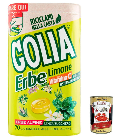 Italian Gourmet E.R. Frucht- & Kräuterbonbons 3x Perfetti Golia Erbe Limone ungesüßt, mit Kräuterextrakten und zitrone, Süßigkeiten frisch Geschmack Bonbon Lollies 130g + Italian Gourmet polpa 400g 80954590