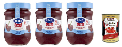 Italian Gourmet E.R. Fruchtaufstrich Hero Light Konfitüre Leichte Brotaufstriche Rote Kirschen, Extra-Marmelade und Konfitüre mit hochwertigen Früchten, ohne Zuckerzusatz und sehr wenig Kalorien 3x 280 g + Italian Gourmet polpa 400g 8032804040014
