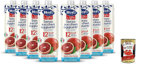 Italian Gourmet E.R. Fruchtsäfte Hero Light Fruit Getränk Geschmack Rot Orange Geschmack, 8 1L -Flaschen, Fruchtsaft ohne zugesetzten Zucker, Null -Konservierungsstoffe, Nullfarbstoffe + Italian Gourmet polpa 400g 8032804040014