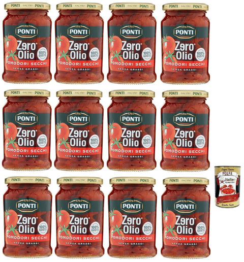 Italian Gourmet E.R. Gemüse 12x Ponti Pomodori Secchi Zero Olio,Ohne Öl,Getrocknete Tomaten,Fettfrei,Glas 300g + Italian Gourmet Polpa di Pomodoro 400g Dose 8001010039303