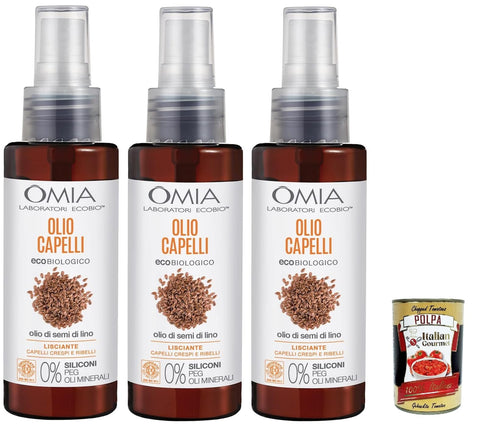 Italian Gourmet E.R. Haaröl Omia, Olio Capelli Eco Bio con Olio di Semi di Lino, Haaröl mit Flachssamenöl, Für kraus und rebellische Haare, glatte und disziplinierende Aktion ohne Silikone, 3x 100 ml + Italian Gourmet polpa 400g 8032804040014