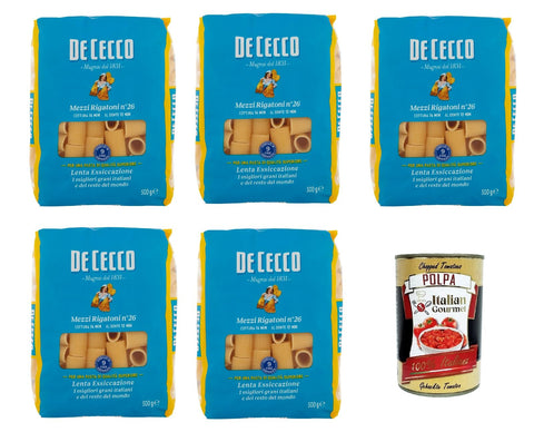 Italian Gourmet E.R. Internationale Nudeln De Cecco Rigatoni N°26, 100% Italienisch Pasta Nudeln 5x 500g + Italian Gourmet Polpa 400g 8032804040014