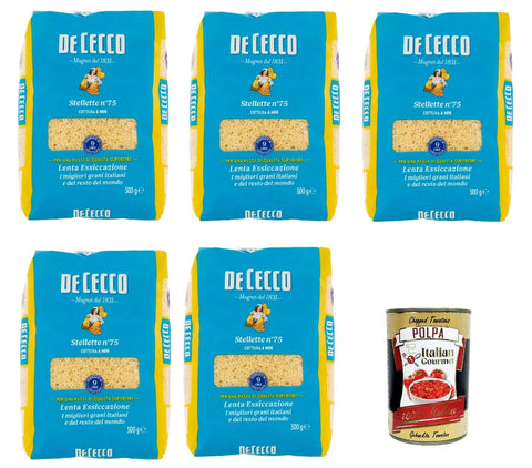 Italian Gourmet E.R. Internationale Nudeln De Cecco Stellette N°75, 100% Italienisch Pasta Nudeln 5x 500g + Italian Gourmet Polpa 400g 8032804040014
