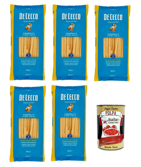 Italian Gourmet E.R. Internationale Nudeln De Cecco Tripoline N°3, 100% Italienisch Pasta Nudeln 5x 500g + Italian Gourmet Polpa 400g 8032804040014
