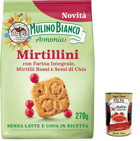 Italian Gourmet E.R. Kekse 12x Mulino Bianco Mirtillini, Rote Blaubeeren und Chiasamen, reich an Vitamin E, ohne Milch und Eier im Rezept, Packung 270g + Italian Gourmet polpa 400g 8076809583992