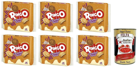 Italian Gourmet E.R. Kekse 6x Ringo Caramel Twist Limited Edition Biscotti,Kekse gefüllt mit gesalzener Karamellcreme 165g Packung, jede Packung enthält 6 Einzelportionen + Italian Gourmet Polpa di Pomodoro 400g Dose 8032804040014