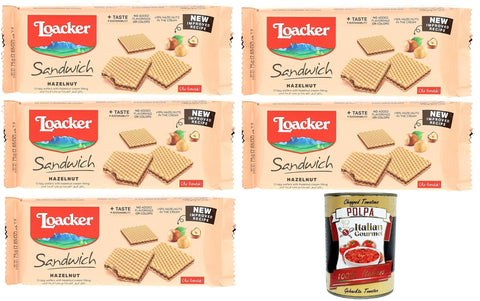 Italian Gourmet E.R. Kekse Loacker - Haselnuss-Sandwich - Waffel mit 2 leckeren knusprigen Waffeln gefüllt mit 100% italienischer Haselnusscreme 5x75gr+Italian Gourmet Polpa di Pomodoro 400gr 8032804040014
