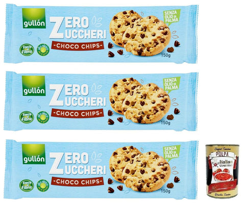 Italian Gourmet E.R. Knabberartikel 3x Gullón Choco Chips Senza Zuccheri,Kekse mit Schokoladenstückchen Zuckerfreie,Packung mit 150g + Italian Gourmet Polpa di Pomodoro 400g Dose 8410376055818