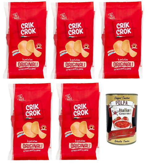 Italian Gourmet E.R. Knabberartikel 5x Crik Crok Le Patatine Originali,Kartoffelchips Glutenfrei,Gesalzen Snack,150g Packung,Jede Packung enthält 6 Beutel à 25g + Italian Gourmet Polpa di Pomodoro 400g Dose 8002085000762