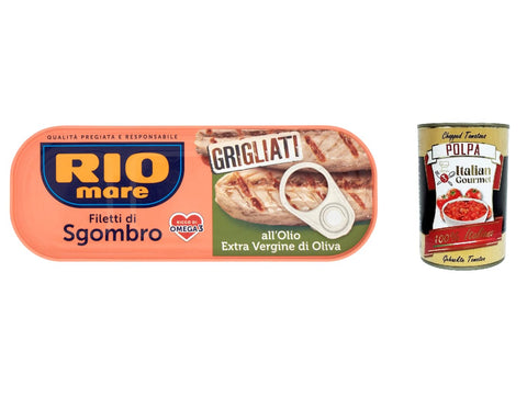 Italian Gourmet E.R. Koch- & Backzutaten 12x Rio Mare Filetti di Sgombro Grigliati all'Olio Extra Vergine di Oliva Gegrillte Makrelenfilets mit nativem Olivenöl extra 120g reich an Omega 3 + Italian Gourmet polpa 400g 8032804040014