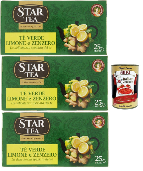 Italian Gourmet E.R. Kräutertee Tè STAR, Grüner Tee mit Zitrone und Ingwer, Packung mit 25 Filtern, eine feine Mischung mit einem reichen und faszinierenden Geschmack, 3x 42.5g + Italian Gourmet polpa 400g 8032804040014