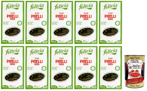 Italian Gourmet E.R. Kurze Pasta 10x Felicia Fusilli di Piselli Verdi,Pasta mit 100% Grüne Erbsen aus einer Italienischen Lieferkette,Bio und Natürlich Glutenfrei,Packung mit 250g + Italian Gourmet Polpa di Pomodoro 400g Dose 8032804430501
