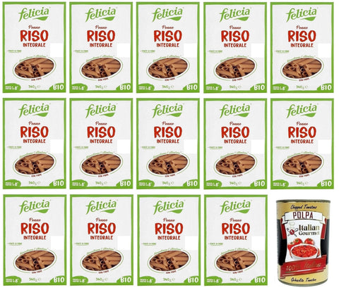 Italian Gourmet E.R. Kurze Pasta 14x Felicia Penne di Riso Integrale,Pasta mit 100 % braunem Reis aus der italienischen Lieferkette,Bio und Natürlich Glutenfrei,Packung mit 340g + Italian Gourmet Polpa di Pomodoro 400g Dose 8032804432031