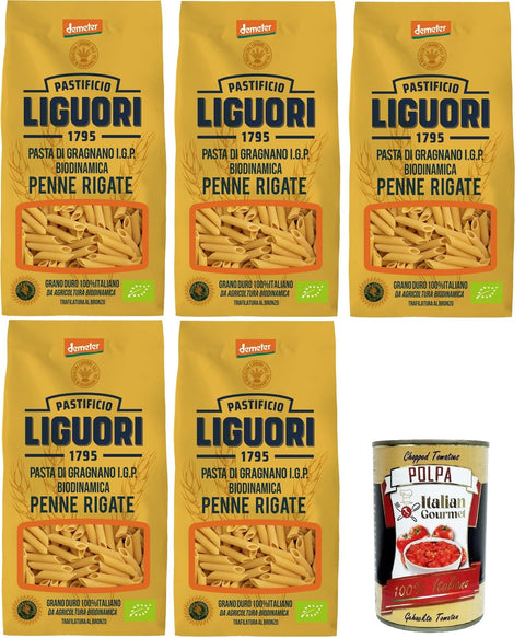 Italian Gourmet E.R. Längliche Pasta Pastificio Liguori, Pasta di Gragnano IGP Biodinamica, Penne Rigate Biodynamische Gragnano-Pasta mit IGP 5x400gr + Italian Gourmet polpa 400g