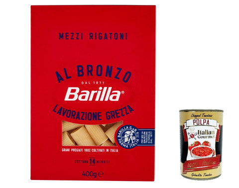 Italian Gourmet E.R. Nudeln & Pasta 10x Mezzi Rigatoni al Bronzo Bronze Gezogene Pasta 400g Rohe Verarbeitungsmethode + Italian Gourmet polpa 400g 8076809580960