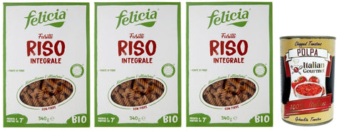 Italian Gourmet E.R. Nudeln & Pasta 3x Felicia Fusilli di Riso Integrale,Pasta mit 100 % braunem Reis aus der italienischen Lieferkette,Bio und Natürlich Glutenfrei,Packung mit 340g + Italian Gourmet Polpa di Pomodoro 400g Dose 8032804435643