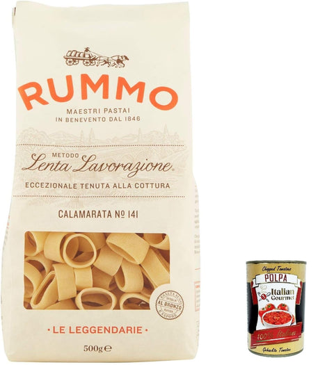 Italian Gourmet E.R. Nudeln & Pasta 8x Rummo Calamarata N°141 Pasta Lenta Lavorazione Teigwaren aus Hartweizengrieß Bronze-Zeichnung 500g + Italian Gourmet polpa 400g 8008343201414