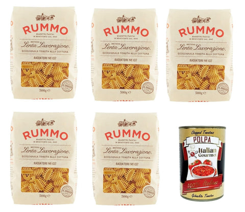 Italian Gourmet E.R. Nudeln & Pasta Rummo Radiatori N° 137 Pasta Lenta Lavorazione Teigwaren aus Hartweizengrieß Bronze-Zeichnung 5x 500g + Italian Gourmet polpa 400g 8032804040014