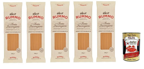 Italian Gourmet E.R. Nudeln & Pasta Rummo Spaghetti alla chitarra n° 104 Pasta Lenta Lavorazione Teigwaren aus Hartweizengrieß Bronze-Zeichnung 5x 500g + Italian Gourmet polpa 400g 8032804040014