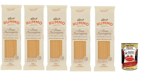 Italian Gourmet E.R. Nudeln & Pasta Rummo Spaghettoni grossi n° 220 Pasta Lenta Lavorazione Teigwaren aus Hartweizengrieß Bronze-Zeichnung 5x 500g + Italian Gourmet polpa 400g 8032804040014