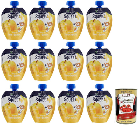 Italian Gourmet E.R. Obst 12x Melinda Mela Banana Squeez 100% Frucht,Apfel- und Bananenpüree,Obst zum Auspressen,90g + Italian Gourmet Polpa di Pomodoro 400g Dose 8007049400237