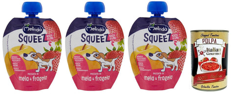 Italian Gourmet E.R. Obst 3x Melinda Mela Fragola Squeez 100% Frucht,Apfel- und Erdbeerpüree,Obst zum Auspressen,90g + Italian Gourmet Polpa di Pomodoro 400g Dose 8007049400169