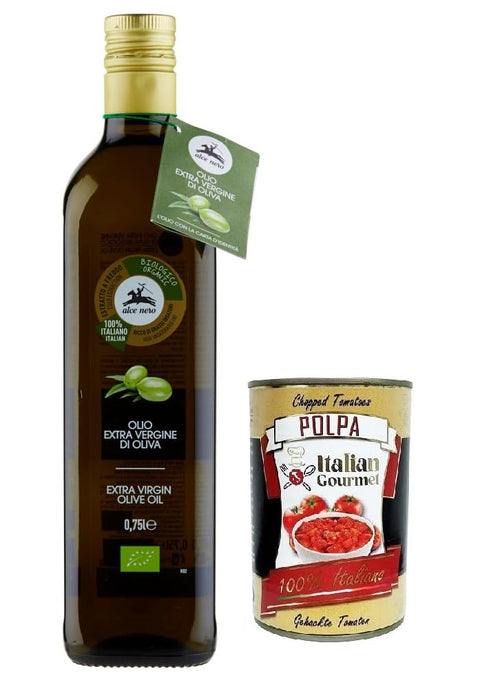 Italian Gourmet E.R. Öl, Essig & Dressings Alce Nero Olio 100 % Italienisch Bio-Natives Olivenöl Extra,mit italienischen Bio-Oliven,750ml Glasflasche + Italian Gourmet Polpa di Pomodoro 400g Dose 8009004500037
