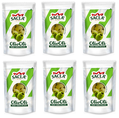 Italian Gourmet E.R. Oliven 6x Saclà OlivOli Olive Verdi Snocciolate Entkernte Grüne Oliven Ideal für Aperitifs, Salate und zum Anreichern Ihrer Gerichte 185g Beutel (85g Abgetropft) 8001060004474